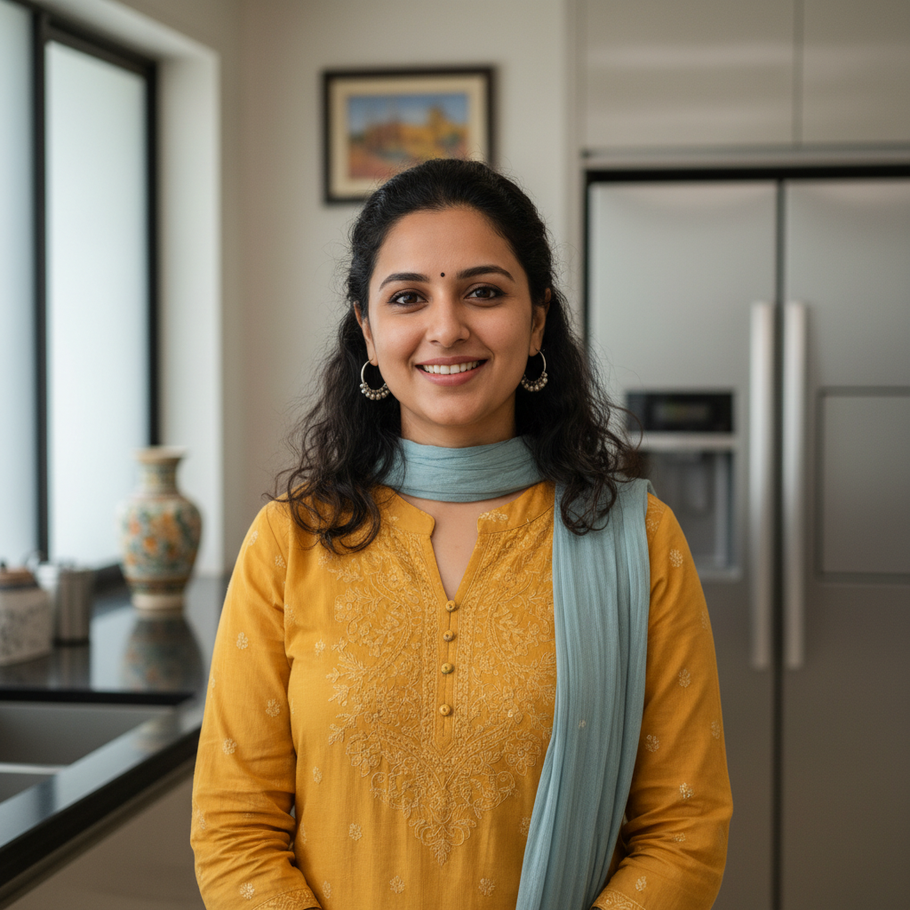 a girl called neha agarwal from jaipur wrote a review for my website like below and she is a trusted customer create her image “The mixer grinder is powerful, quiet, and very easy to clean. Daily cooking has become much faster and stress-free.”